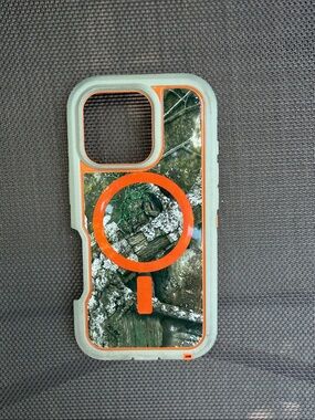 OtterBox Protective Case with Orange MagSafe Ring and Green Woodland Print